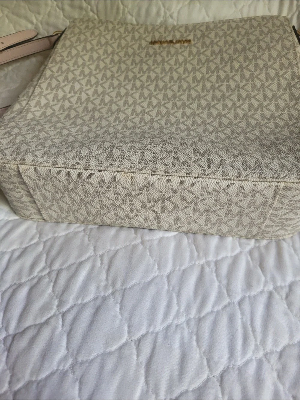 Michael Kors Beige Logo Crossbody with Light Pink Strap